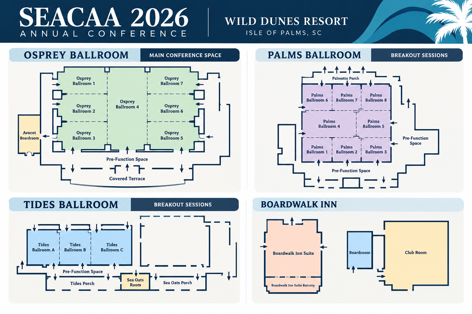 SEACAA 2026 venue floor plan showing Osprey Ballroom, Palms Ballroom, Tides Ballroom, and Boardwalk Inn, including room divisions, foyers, porches, and the Club Room.